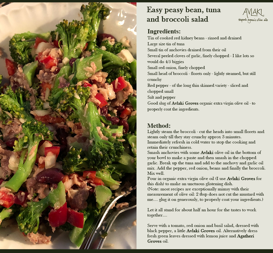 The quickest and easiest bean, tuna and broccoli salad #recipe using our fine Avlaki Groves extra virgin #olive oil.
ow.ly/oCuM50BpM25