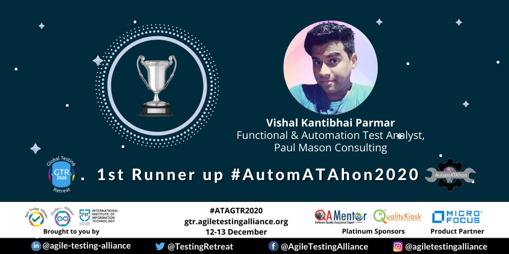 TestingRetreat's tweet photo. We are happy to announce 1st Runner up of the #AutomATAhon challenge held on 5th Dec 2020. The final round was held on 10th Dec. 

The 1st Runner up is Vishal Parmar, Functional &amp; Automation Test Analyst, @PMCRetail. Congratulations Vishal. 

Please check: https://t.co/hUr5Mjukph https://t.co/3X5klqljhf