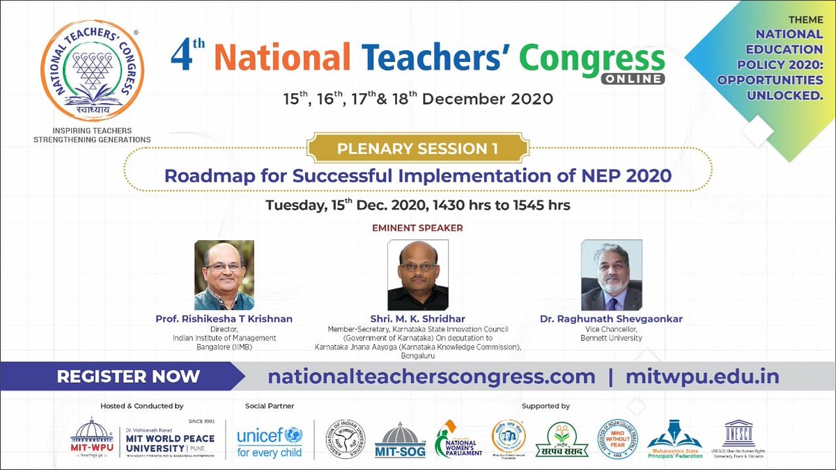 ntcofficial2020's tweet photo. Join us for an interactive session on "Roadmap for Successful Implementation of NEP 2020" with eminent scholars at 4th National Teacher's Congress.
WATCH-LIVE on https://t.co/UThnDc7dsC
#NTC2020 #MITWPU #NEP2020 https://t.co/m2uKOf1PMZ