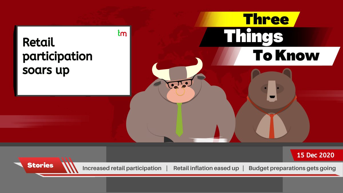 MrTejiMandi's tweet photo. Three things to know for #TejiMandi investors on December 15, 2020.

1) Increased retail participation
2) Retail inflation eased a little in November and
3) Budget preparations get going.

Click here to read in detail:
https://t.co/J44vpTKqUL https://t.co/KAXKrpy3po