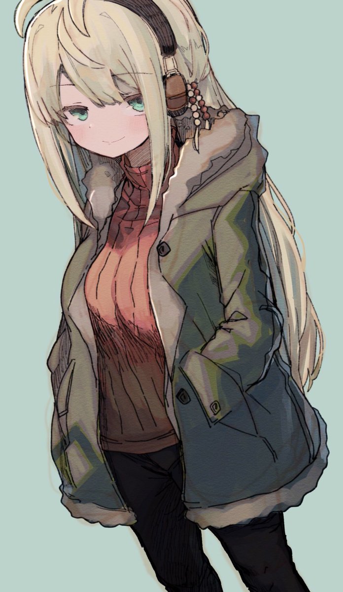 tsurumaki maki 1girl solo long hair blonde hair sweater fur trim hands in pockets  illustration images