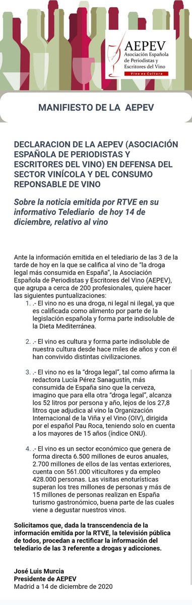 dmanso73's tweet photo. Como Responsable de Comunicación y RRSS de la AEPEV @periodistasvino comparto esta declaración por parte de la asociación ante la noticia emitida ayer en RTVE 1 en su Telediario en la que se considera al vino como "Droga Legal", afirmación que no compartimos 😡🍷
#vino #aepev https://t.co/aUiIAU1tgj