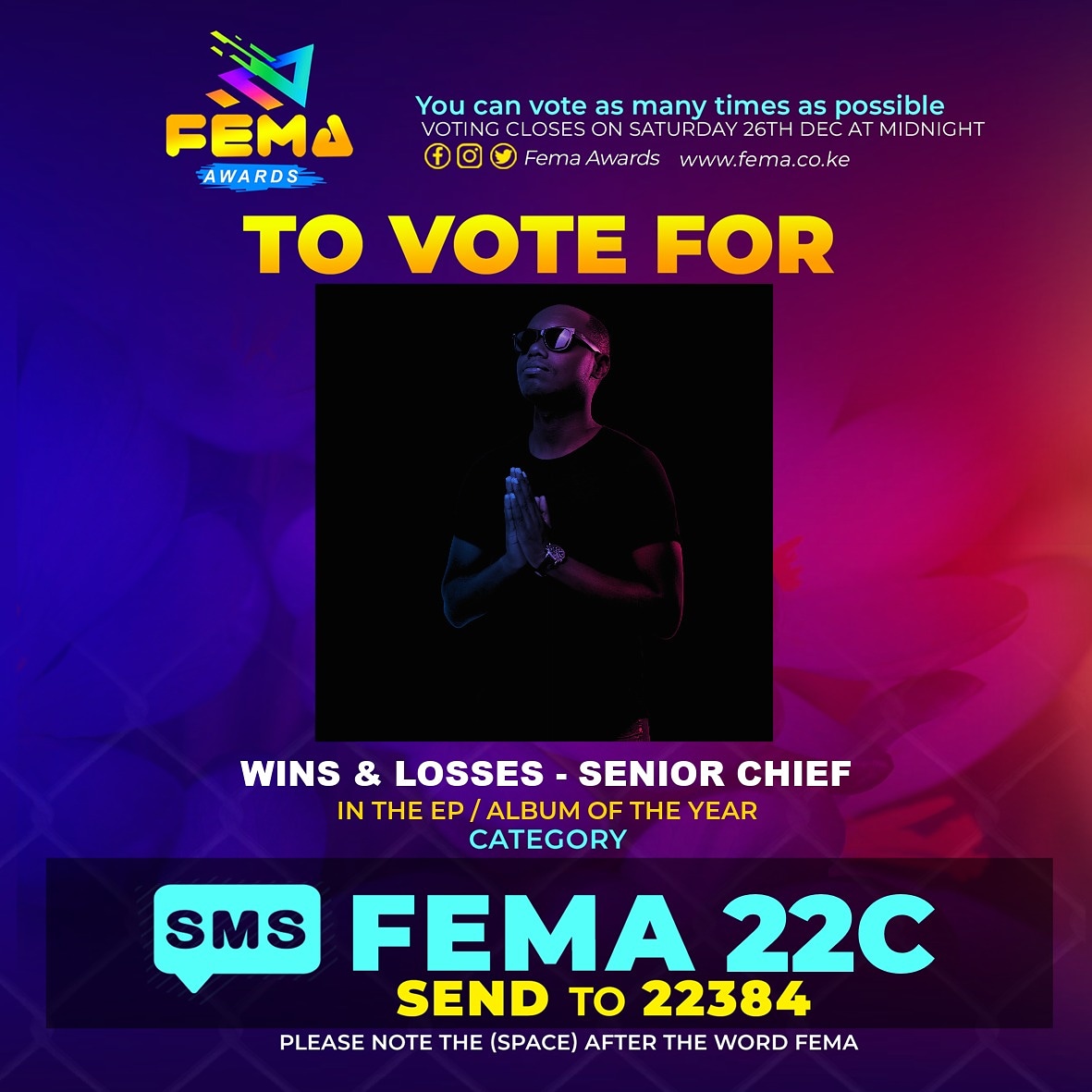 The_SeniorChief's tweet photo. Voting is still on.
SMS "FEMA 22C" to 22384.. Let's win this 💪 #WinsAndLosses 🏆 @FemaAwards https://t.co/4LABe3yWLY