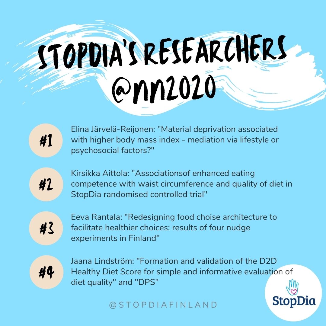 StopDiaFinland's tweet photo. The second day of the @NNC2020 have started! Today you can see live @JaanaLindstrom's presentation on DPS and also presentations/posters below by @ElinaJ_R, @AittolaKirsikka and @EeRantala. We are happy to discuss our research results!
@StopDiaFinland #stopdia #nutrition https://t.co/7QtYwYPgBy