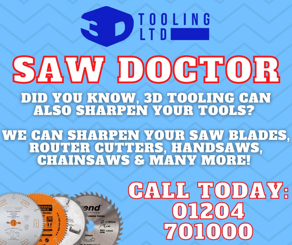 3dtooling's tweet photo. #3D TOOLING CAN SHARPEN YOUR TOOLS!

SHARPENING SERVICE FOR SAW BLADES, ROUTER CUTTERS, HANDSAWS, CHAINSAWS &amp; MANY MORE!

CALL TODAY TO ENQUIRE: 01204 701000

#sharpening #sawblade #routercutter #handsaw #chainsaw #knives #scissors #tenonsaw #augerbit #holesaw https://t.co/MUiiqa8GXK