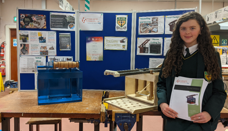 SJS41's tweet photo. Congratulations to Niamh who has qualified for the BT Young Scientist &amp;Technology Exhibition final. The Cosy Compactor aims to combat inefficient recycling habits. Thanks to Sean &amp; Colm Rafferty Mainplant Engineering &amp; Declan McKenna spray-painting Augher for their help. https://t.co/cEp2ycx2VJ