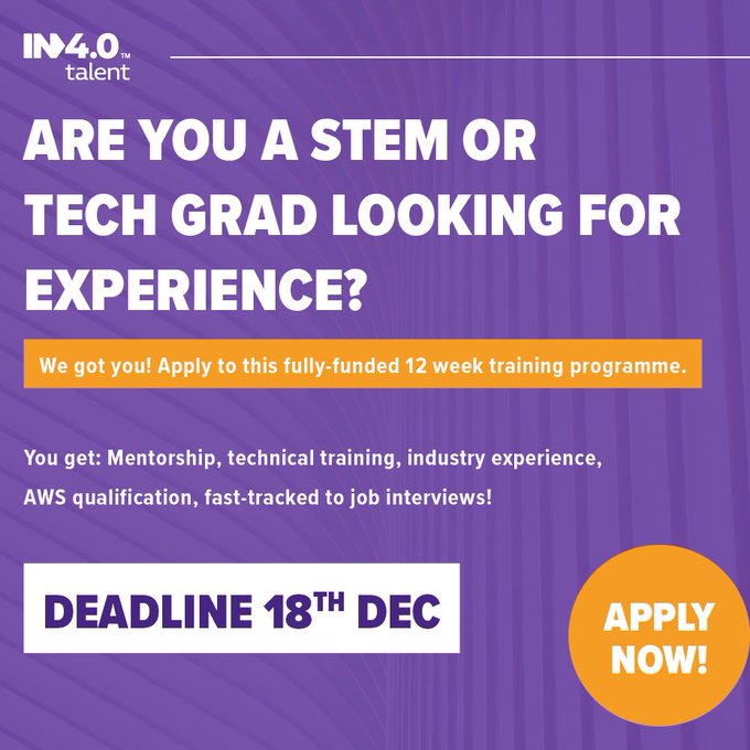 IN4_Group's tweet photo. Calling all STEM & Tech Grads! Applications for our fully-funded 12 week training programme are closing soon.
Apply now before it's too late: https://t.co/2NeAsnNYf7
#iamtalent #graduatejobs #STEM #manchester https://t.co/o1PPOXW1wF