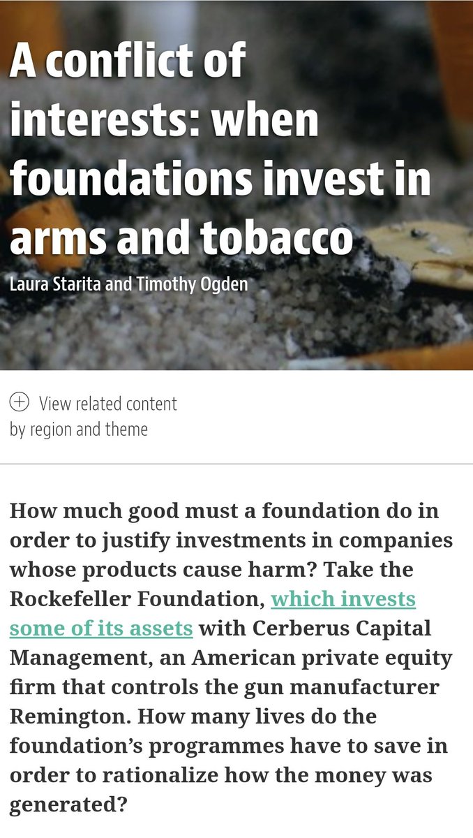 Here is a big allegation on Rockfeller Foundation which has heavy investments especially in Arms business & Tobacco business.Foundation which donates money to schools & hospitals why would invest heavily in arms business. The reason and business model can be easily understood.