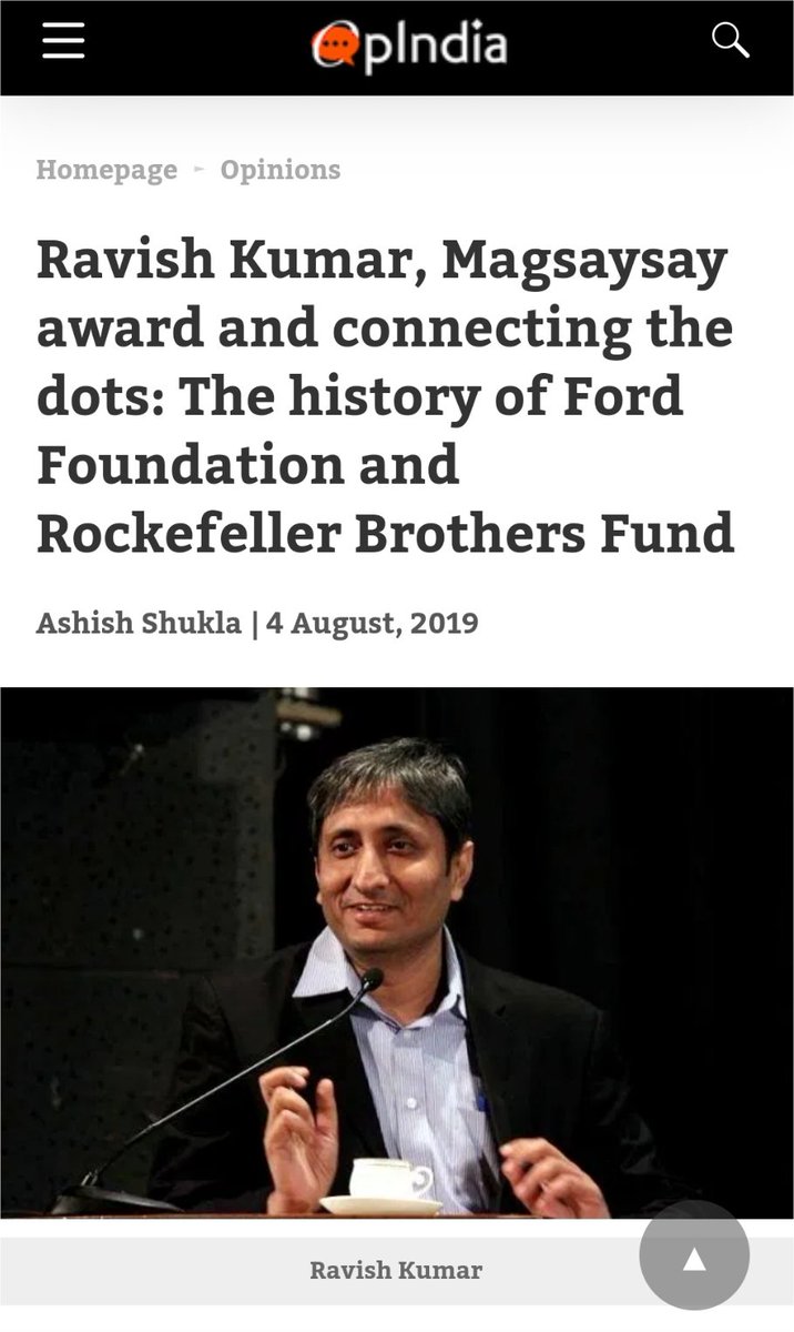 Now we all know that Magsaysay Award which has been given to Anti Nationals in India like Kejriwal, Ravish Kumar, etc is run by leftists organisations.Magsaysay Award is run by none other than Rockefeller Foundation Detailed report can be found on  @OpIndia_com