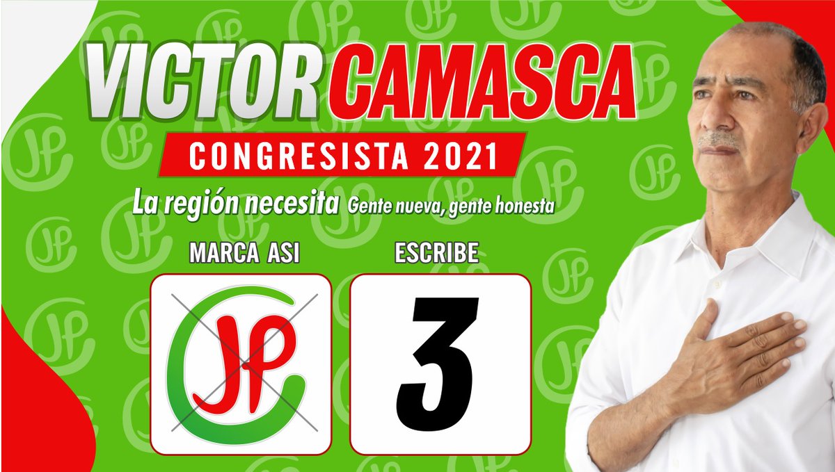 VCamasca's tweet photo. Bienvenidos a mi pagina, soy Víctor Camasca Zapata Candidato al Congreso de la Republica por la Región Ica 2021 con el numero 3️⃣ por la agrupación política JUNTOS POR EL PERU. Liderado por nuestra candidata presidencial Veronika Mendoza Frisch. https://t.co/6ZnyaCljas