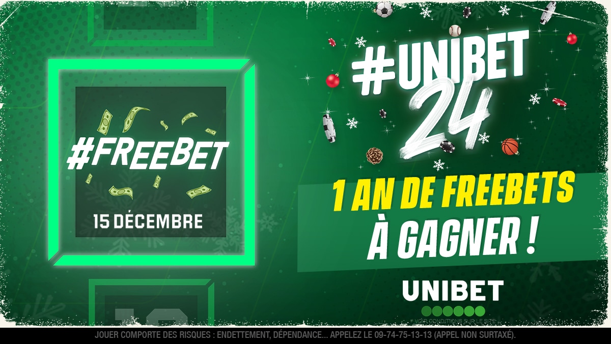 🎄#UNIBET24 - JOUR 15 🎅 💸 1 an de freebet pour 5⃣ personnes à gagner ! 🤑 (50€ / mois) 👉 RT + FOLLOW + .PSEUDO + #1andefreebet 🍀 Tirage au sort le 16/12.