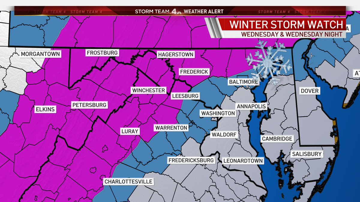 ChuckBell4's tweet photo. WEATHER ALERT for WEDNESDAY: Winter storm WARNINGS (in pink) have been issued. Areas in the warning area are likely to get well over 8" of snow with local amounts over 12"! Areas East &amp; South of I-95 will be almost all rain. Ugly rain/snow mix for areas in between. @nbcwashington https://t.co/dXYAZGNXFD