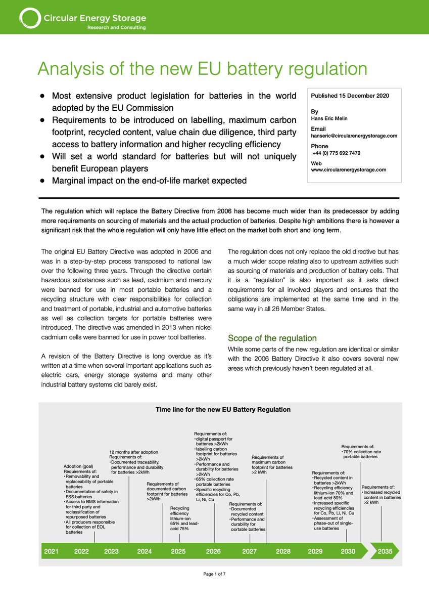The new EU Battery Regulation is the most progressive product legislation in the world. But what does it actually mean for the battery value chain? A new analysis is available for subscribers of CES Online.  http://www.circularenergystorage.com&nbsp; Summary in this (long) thread. 1/13