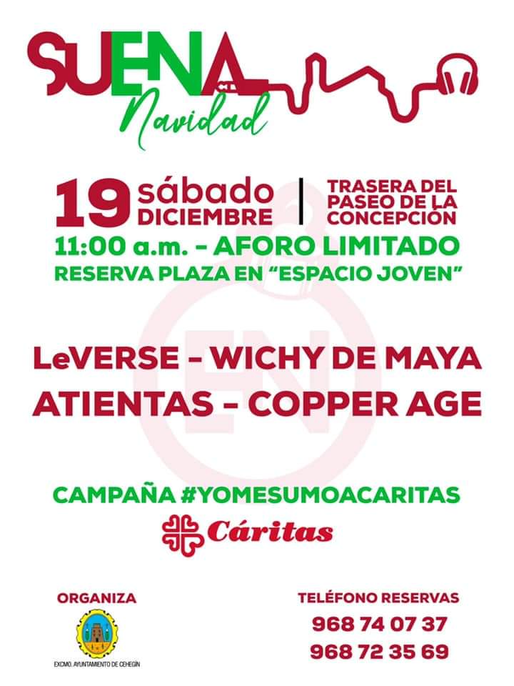 En @Ayto_Cehegin este sábado #SuenaEnNavidad #Musica y #Solidaridad #Yomesumoacaritas gracias a @LeVERSEMusic @WichydeMaya @atientasmusic #CopperAge en un lugar increíble. #CeheginMaravillaRural @CeheginJoven