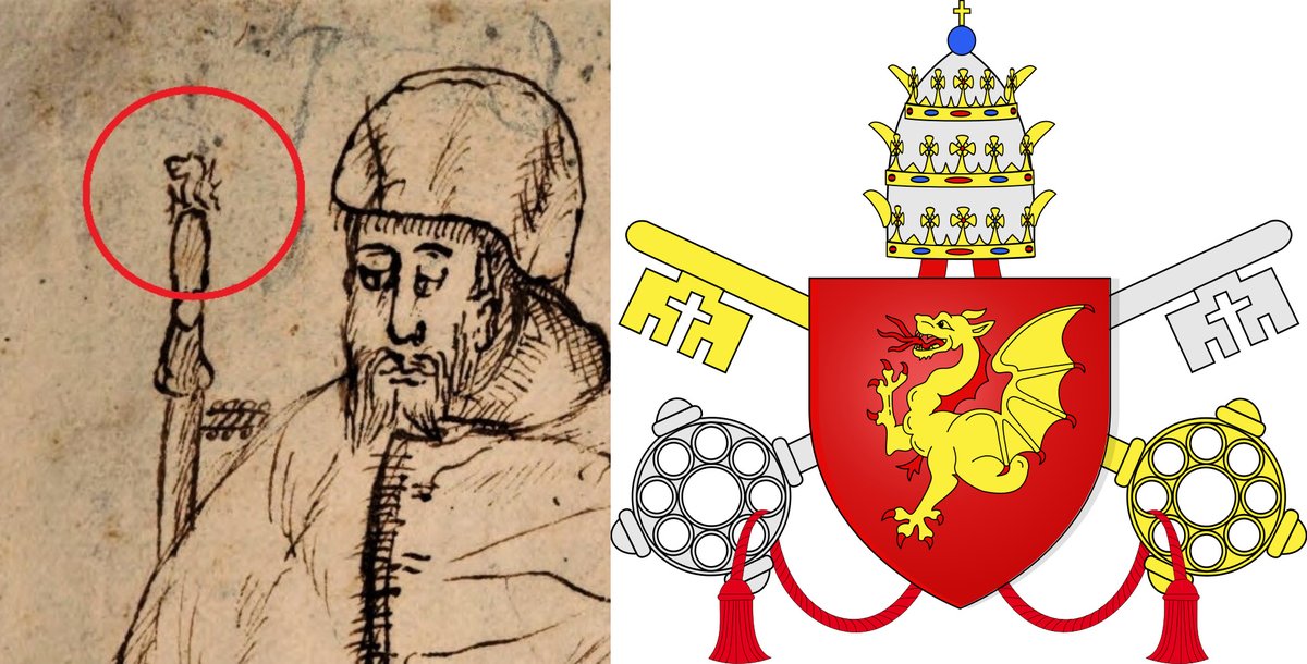But which pope? A clue was given by the finials of the chair which seem to be dragons... the heraldic symbol used by Gregory XIII - pope from 1572 (just after the book was printed) to 1585 - but none of the portraits accessible online correspond exactly... 3/4