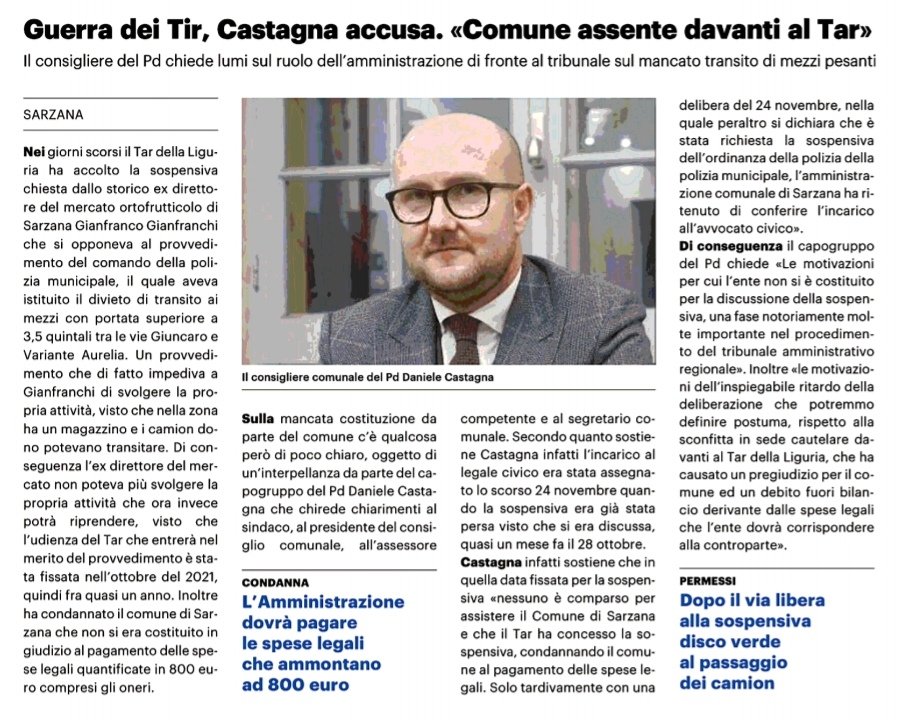 sarzanapartitod's tweet photo. 📌🚚👉 Ieri anche su @NazioneLaSpezia l'#interpellanza presentata dal Gruppo PD #Sarzana: "Nella #sospensiva sui #Tir, Comune assente al #Tar Liguria e #spese fuori bilancio. Come mai la delibera di incarico all'avvocato civico è successiva di un mese alla data del giudizio?"👇 https://t.co/UCw7iJcw8R