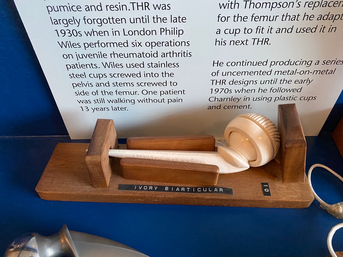 Inspired by  @ExeterHipUnit thread have a little bit of  #ortho  #hip history from the Museum in the  @wrightington16 hip centre.The early hip replacements were pioneered by Gluck in the 1980’s. These were made from ivory and cemented in with plaster pumice and Resin 1/
