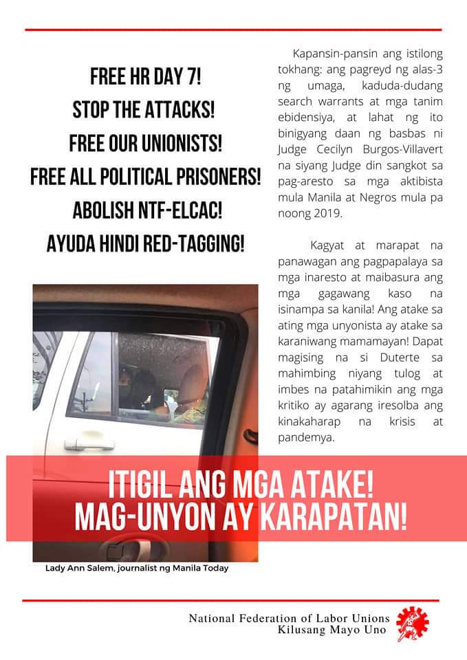 Pakikiisa mula sa National Federation of Labor Unions (NAFLU KMU) #FreeHRDay7 #FreeOurUnionists #FreeAllPoliticalPrisoners