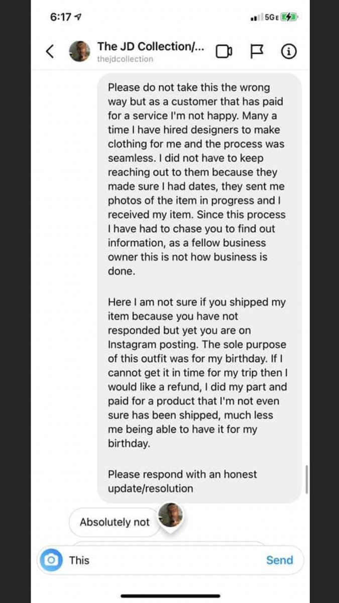 TheJDCollectio1's tweet photo. DO NOT I REPEAT DO NOT DO BUSINESS WITH Rashard Gentle OF THEJDCOLLECTION, HE IS A CROOK, A THIEF AND A POOR BUSINESSMAN. I paid for an item to wear on my birthday and to this day have not yet received it or any communication in regards 

#karmaisabitch #YouWillReapWhatYouSow https://t.co/0MCexplrja