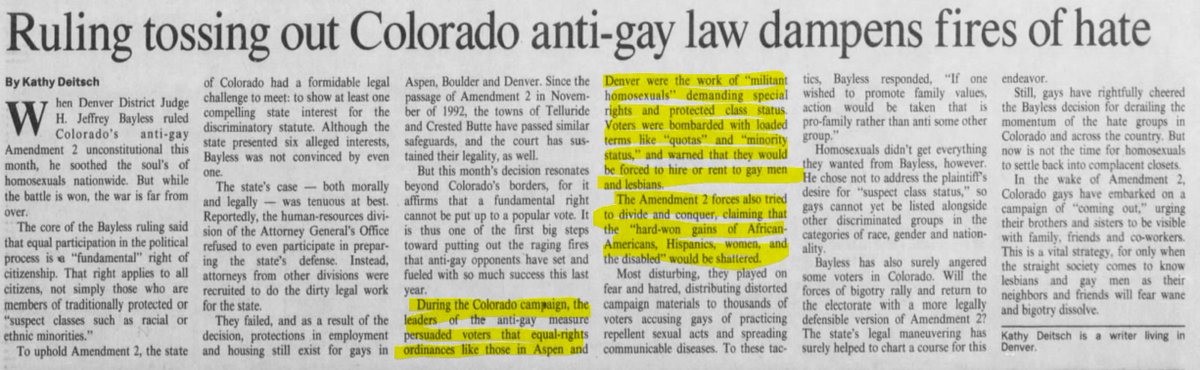 Arizona Republic (Phoenix, AZ), 1993-12-28Granting homosexuals protection against discrimination would result in the "hard-won gains of African-Americans, Hispanics, women, and the disabled" being shattered