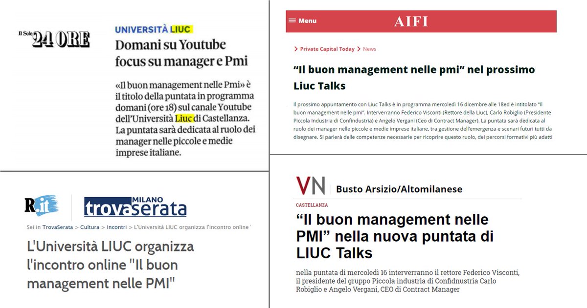 UniLIUC's tweet photo. Su @sole24ore, @rep_milano, @As_Aifi e @varesenews si parla della diretta di domani di #LIUCTalks nella quale interverranno il Rettore #LIUC Federico Visconti, Carlo Robiglio (Presidente @PIConfindustria) e Angelo Vergani (CEO di CONTRACT MANAGER). https://t.co/qITN9uUS4h https://t.co/sSsWLpQtIl