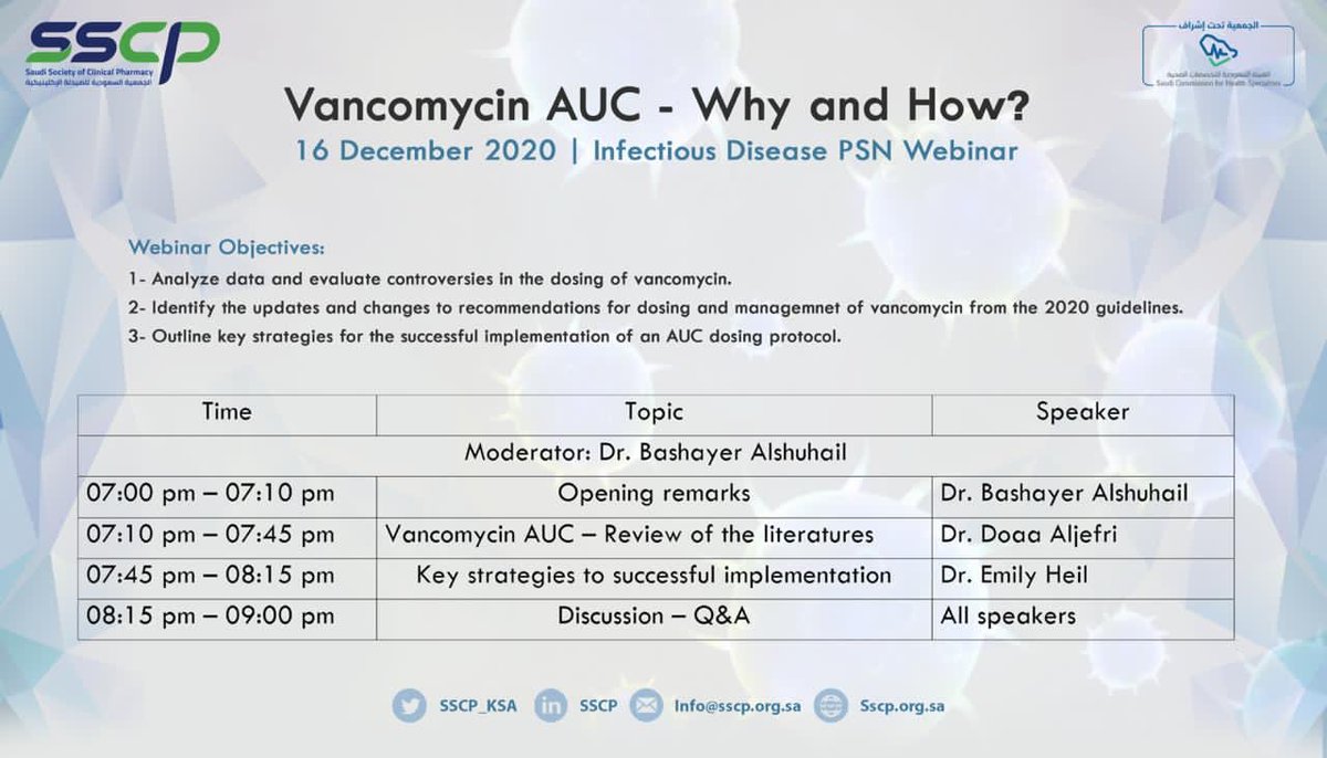 sscpinfdpsn's tweet photo. Interested to hear about #Vancomycin AUC to optimize its dosing?
Don’t miss our webinar tomorrow on Dec 16 by 2 ID pharmacists we are honored to have
@Doaa_Aljefri 🇸🇦 &amp; @emilylheil 🇺🇸 
🗓Time Zones:
CT: 10:00am
CET: 05:00pm
Registration: https://t.co/JIa2mBhl77
Applied for 2 CME https://t.co/GAL7ouYWMR