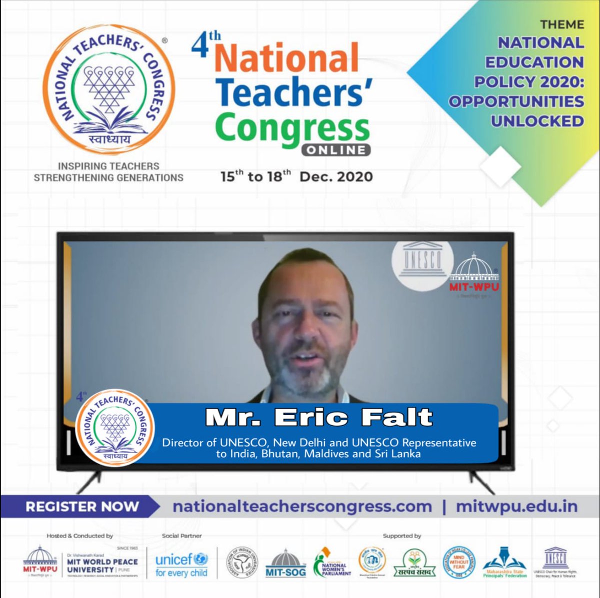 ntcofficial2020's tweet photo. Grateful to Mr. Eric Falt for accentuating the session with his deep thoughts at Inaugural session The 4th National Teachers’ Congress - “NEP 2020 : Opportunities Unlocked” held online from 15th December to 18th December 2020
WATCH-LIVE https://t.co/UThnDbPCB4
#NTC2020 #MITWPU https://t.co/b7Q8zZQZgx