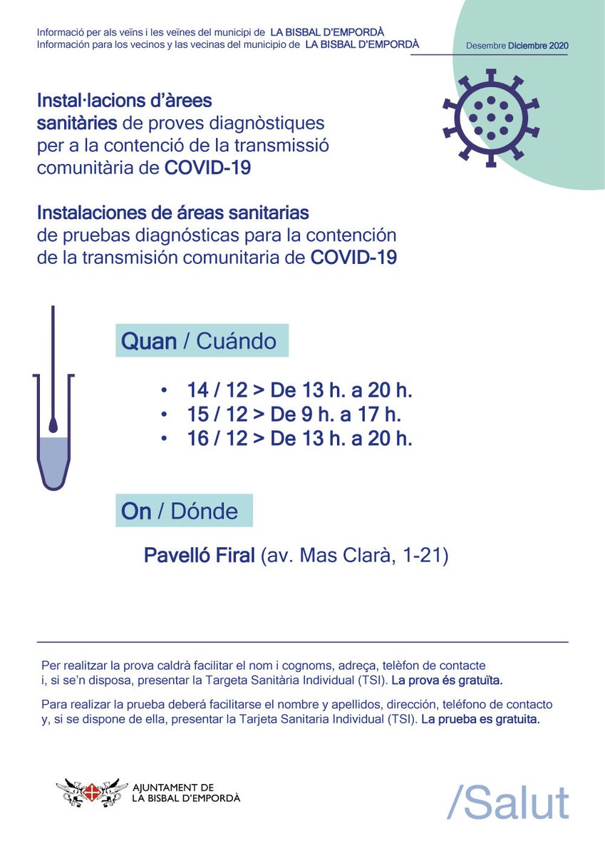Ets resident a <a href="/labisbalemporda/">La Bisbal d'Empordà</a> i tens més de 16 anys?

Apropa't al Palau Firal avui o demà i participa al cribratge intensiu.

📅Dimarts 15: 9-17h
📅Dimecres 16: 13-20h 

Més info 🔗 ow.ly/1mNg50CHFpp

#COVID19 | #cribratge