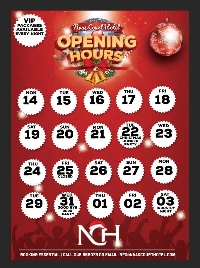 X mas opening hours ..! For bookings mail us on info@naascourthotel.com