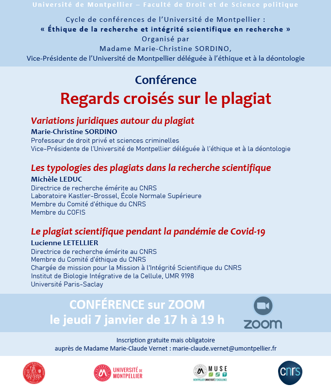 DynamiquesDroit's tweet photo. Conférence Zoom REGARDS CROISES SUR LE PLAGIAT 7-01-2021 17h/19h. Cycle de conférences Université Montpellier «Éthique de la recherche et intégrité scientifique en recherche» @McSordino @Faculte_DSP_UM @umontpellier @IsiteMUSE @CNRS_OccitaniE @Ar_Lec #plagiat #recherche https://t.co/V8bUmomlgb