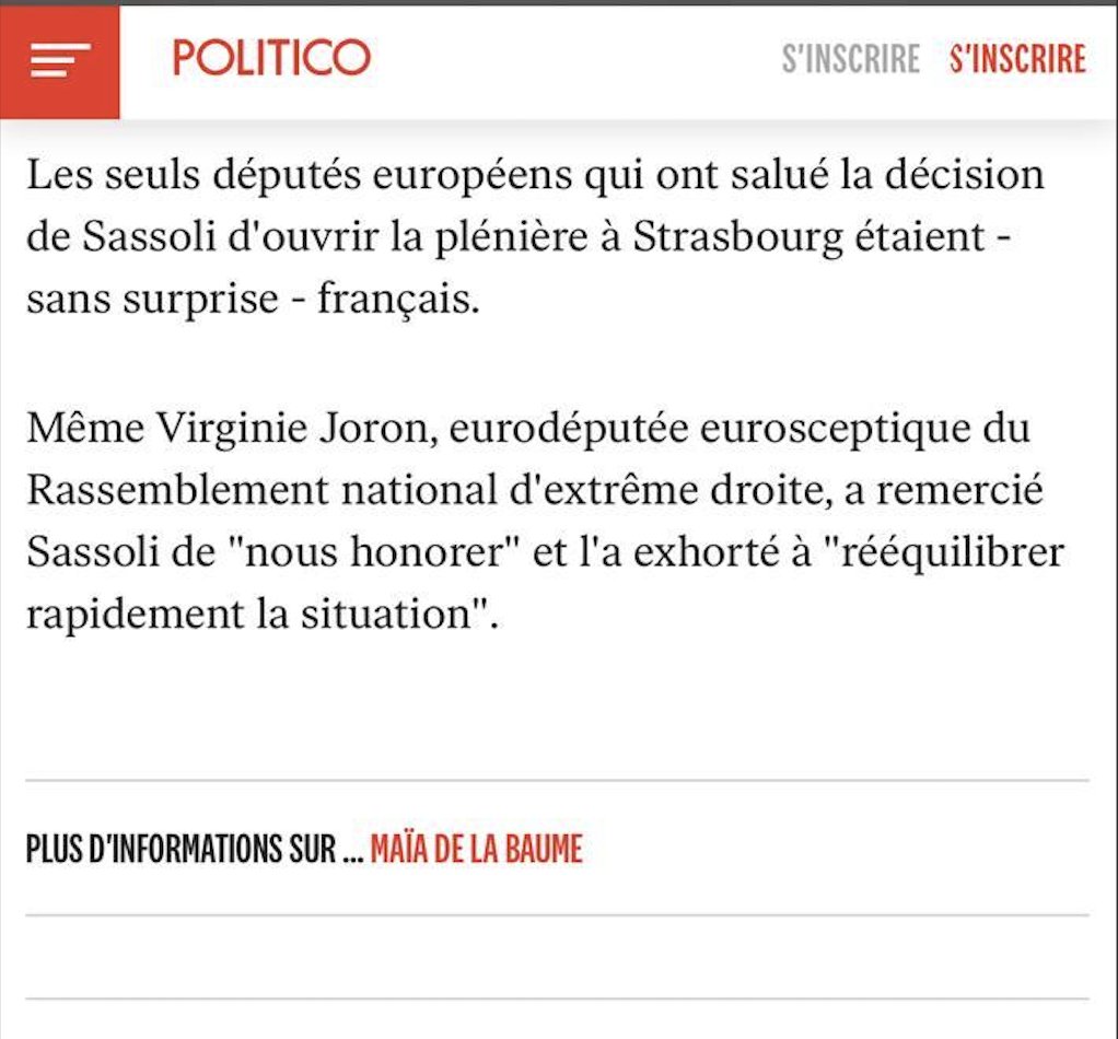 v_joron's tweet photo. 🇫🇷 Engagée depuis des mois dans la défense du siège du Parlement européen à #Strasbourg, @dnatweets n'a pas jugé utile de mentionner mon rappel au règlement au président #Sassoli. 

À Strasbourg pour avoir des nouvelles sur les députés RN, il faut lire la presse américaine ! https://t.co/TkWJtSBDtD