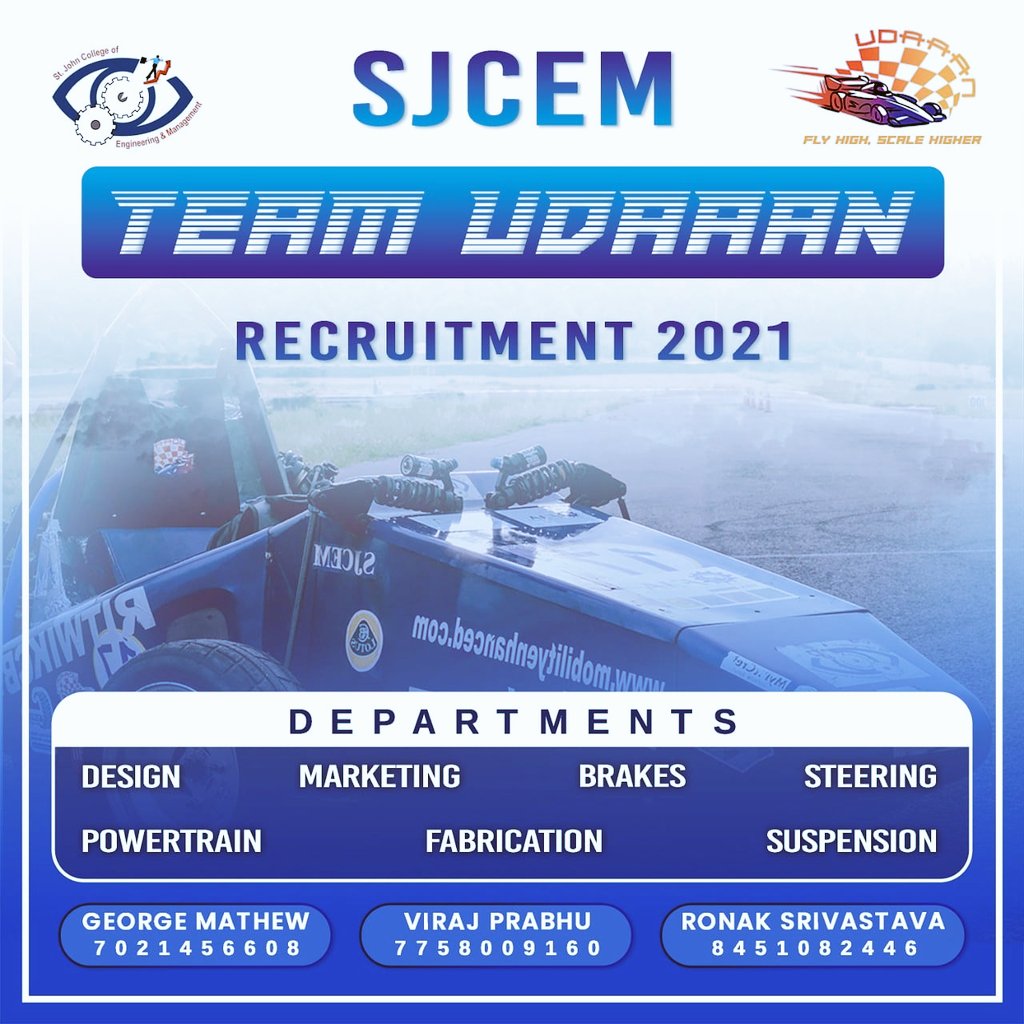 TeamUdaaan's tweet photo. We are looking for you in the 2021 team, join now!!! Dm us.#sjcem #teamudaaan #f1 #FormulaE #AbuDhabiGP #team #udaaan #Recruitment #2021 #2k21 #TeamIndia #Athlete #Motorsport #racingdriver #driver #racingteam #design #suspension #marketing #fabrication #brakes #formulastudent https://t.co/h5iWL1Pkzs