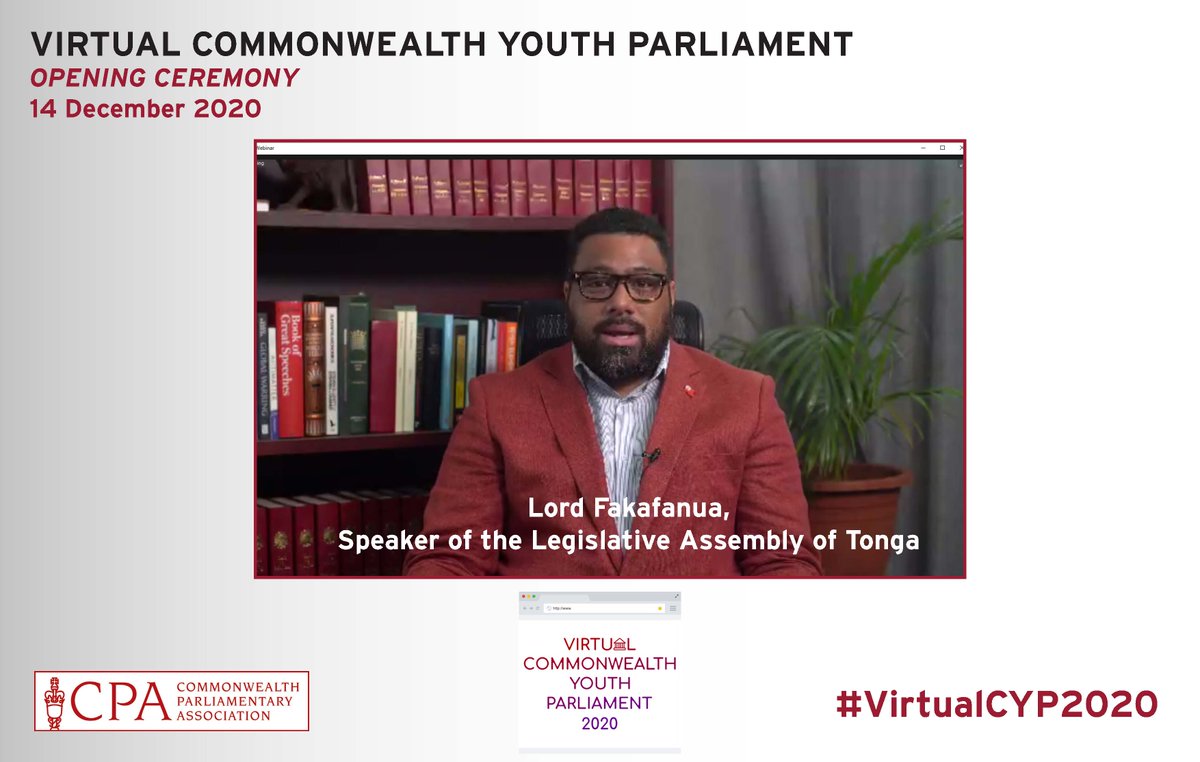 Commonwealth Parliamentary Association (CPA) HQ (@cpa_secretariat) on Twitter photo One of the youngest Speakers of Parliament in the #Commonwealth ā Lord Fakafanua, Speaker <a href="/TongaParliament/">Legislative Assembly of Tonga</a> addressed youth delegates from across the #Commonwealth on importance of political engagement at opening of Virtual Commonwealth Youth Parliament last night #VirtualCYP2020 One of the youngest Speakers of Parliament in the #Commonwealth ā Lord Fakafanua, Speaker <a href="/TongaParliament/">Legislative Assembly of Tonga</a> addressed youth delegates from across the #Commonwealth on importance of political engagement at opening of Virtual Commonwealth Youth Parliament last night #VirtualCYP2020