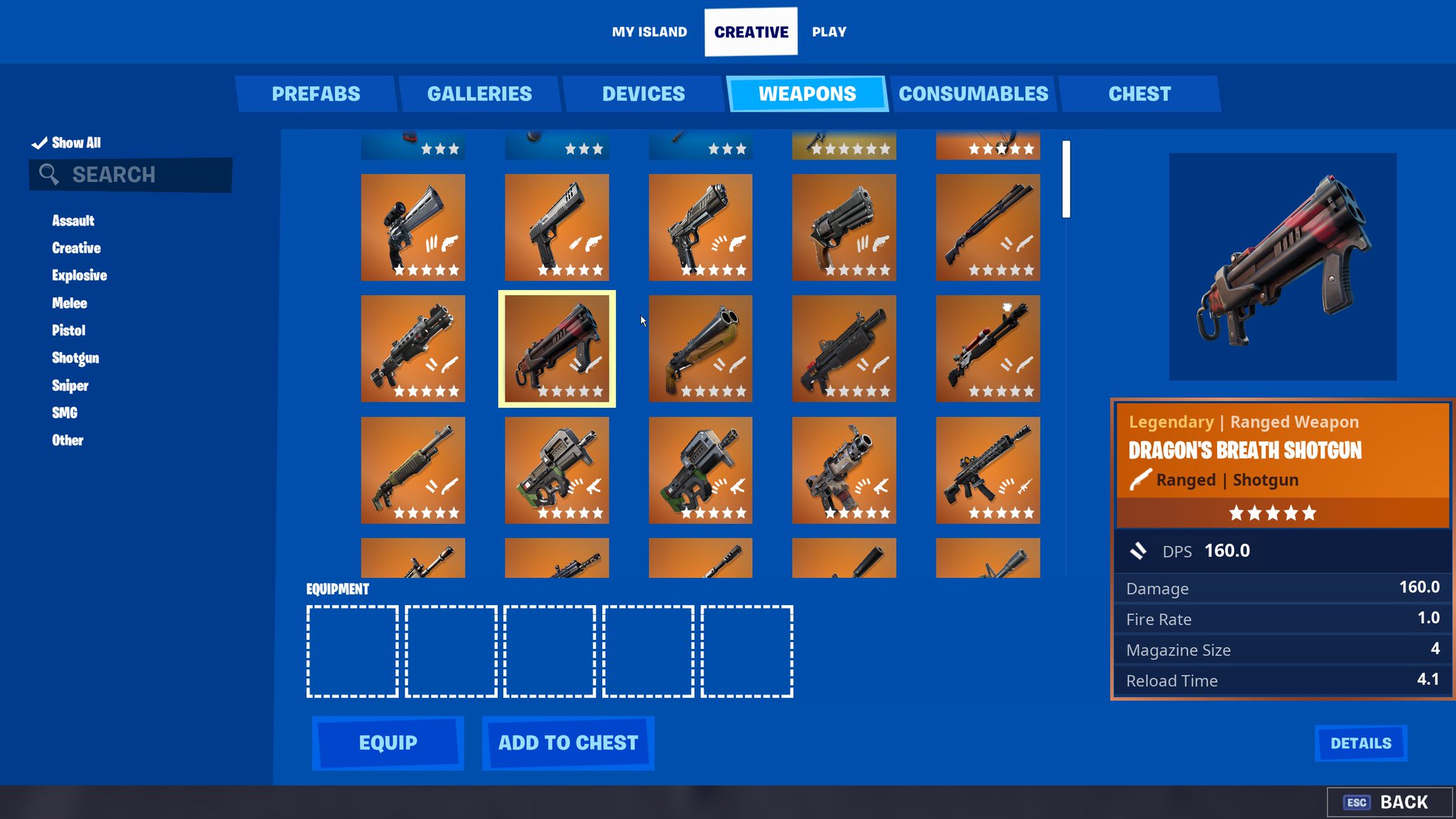 Fortnite Creative News Leaks You Can Now Get The Charged Shotgun And Dragon Breath Shotgun And All Rarities In The Menu Fortnitecreative