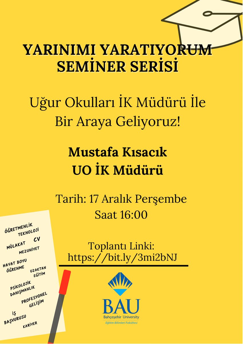 Uğur Okulları İK Müdürü Mustafa Kısacık İle Bir Araya Geliyoruz!😊🌟

17 Aralık Perşembe 16:00’ da hepinizi seminerimize beklerizz 🤩✨😌

Link: teams.microsoft.com/l/meetup-join/…