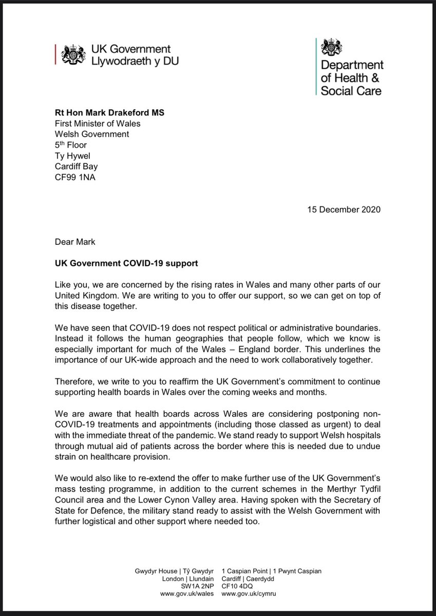 adrianmasters84's tweet photo. U.K. Govt offers to take Welsh non-covid patients at English hospitals to ease the pressure on hospitals here. Letter to the First Minister from Simon Hart and Matt Hancock. https://t.co/3E2VMqcUpB