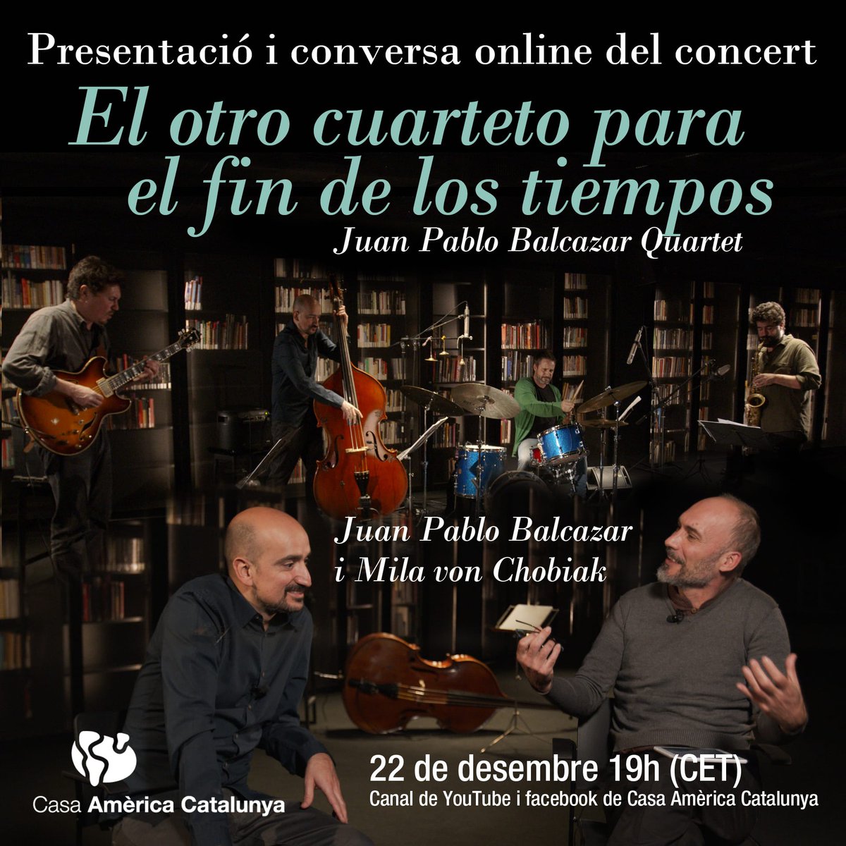 americatalunya's tweet photo. Despediremos nuestra actividad de 2020 con música. #Hamaques presenta el concierto grabado ‘El otro cuarteto para el fin de los tiempos’, de @BalcazarJp. Marceŀlí Bayer (saxo alto), @Danicomcas (guitarra), @oriolrocamusic (batería) y @BalcazarJp (contrabajo).
Martes 22, ONLINE. https://t.co/9Bu9DRyftG