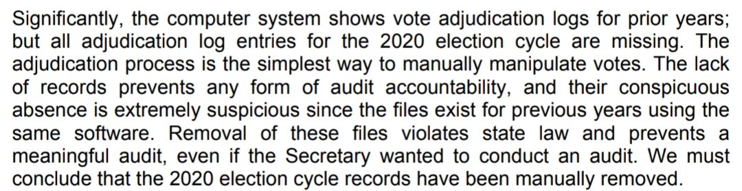 However, the forensic audit of Dominion voting machines in Antrim County, MI showed us the fraud trick. Here, 68% of the ballots were adjucated and the adjudicated ballot logs were wiped clean. https://m.washingtontimes.com/news/2020/dec/14/forensic-auditors-find-shocking-68-error-rate-one-/