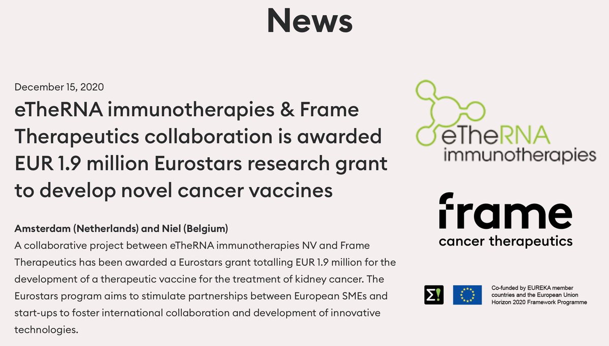 CureVacNL's tweet photo. eTheRNA immunotherapies &amp; Frame Therapeutics collaboration to develop a therapeutic vaccine for the treatment of kidney cancer is awarded the Eurostars research grant for a total of EUR 1.9 million.

Read more: https://t.co/AIxL7sKfmX https://t.co/jnqLKLHvOa