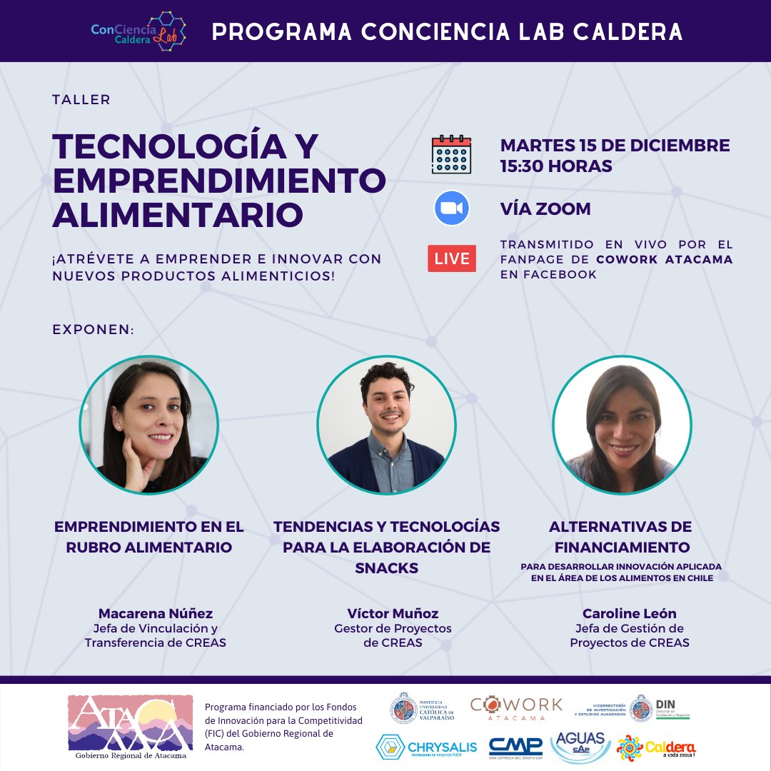 [#ConCiencia_Lab_Caldera]
🔴¡HOY, A LAS 15:30 HORAS!
Atrévete a emprender e innovar con nuevos productos alimenticios y participa en el taller que realizaremos junto a <a href="/_CREAS_/">CREAS</a> en el marco del Programa FIC "ConCiencia Lab Caldera".

Inscríbete 👉bit.ly/33GzKTc