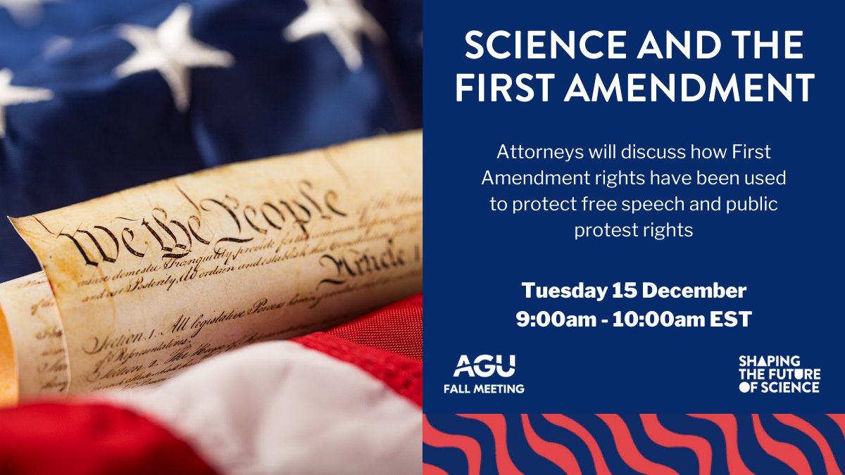 Today is the last event in our collab with <a href="/ClimSciDefense/">CSLDF</a> at #AGU20!

In this session, join <a href="/AriannaDemas/">Arianna Demas</a> and @AugustaCFWilson to learn how First Amendment rights can protect scientists. 

Info on the Legal Education for Scientists Program here:
ow.ly/JTHW50CKhqq