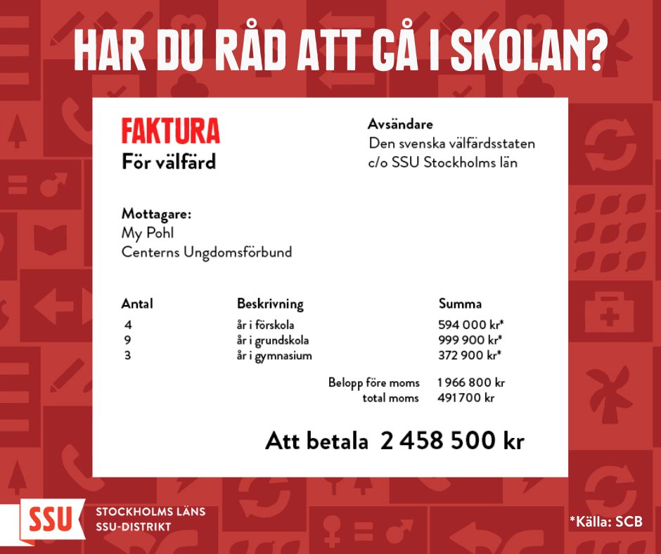 ssulenet's tweet photo. @my_pohl från @CUFstorsthlm tycker att alla ska betala sin egen välfärd. Skulle My betala allting själv som hon vill hade hon haft en faktura på 2,4 miljoner kronor att se fram emot när hon tar studenten. Det tycker inte vi är bra, varken för My eller andra. https://t.co/nXAHkSxIrQ