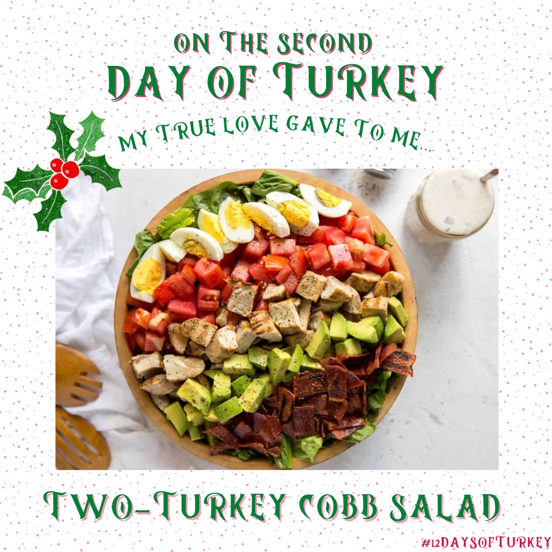 Leafy greens, protein-packed turkey and colorful fixings are a few of our favorite things! And while holiday feasting is a bushel of fun, a lighter meal such as Two-Turkey Cobb Salad can help balance all those Christmas cookies. #12DaysofTurkey Recipe: loom.ly/8umTSRk