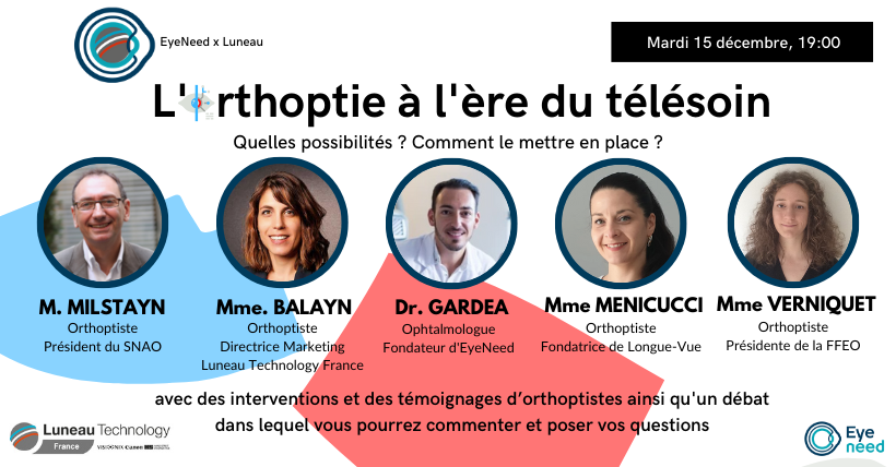EyeneedFR's tweet photo. Ce soir, retrouvez #Eyeneed et @ContLuneautech lors du webinar dédié au #télésoin en #orthoptie. Nous y accueillerons la fondatrice de #longuevue, la présidente de la @La_FFEO, et @PresidentSNAO, président du #SNAO. Inscrivez-vous ici : https://t.co/N26fauxn46 https://t.co/waRxP4QeTO