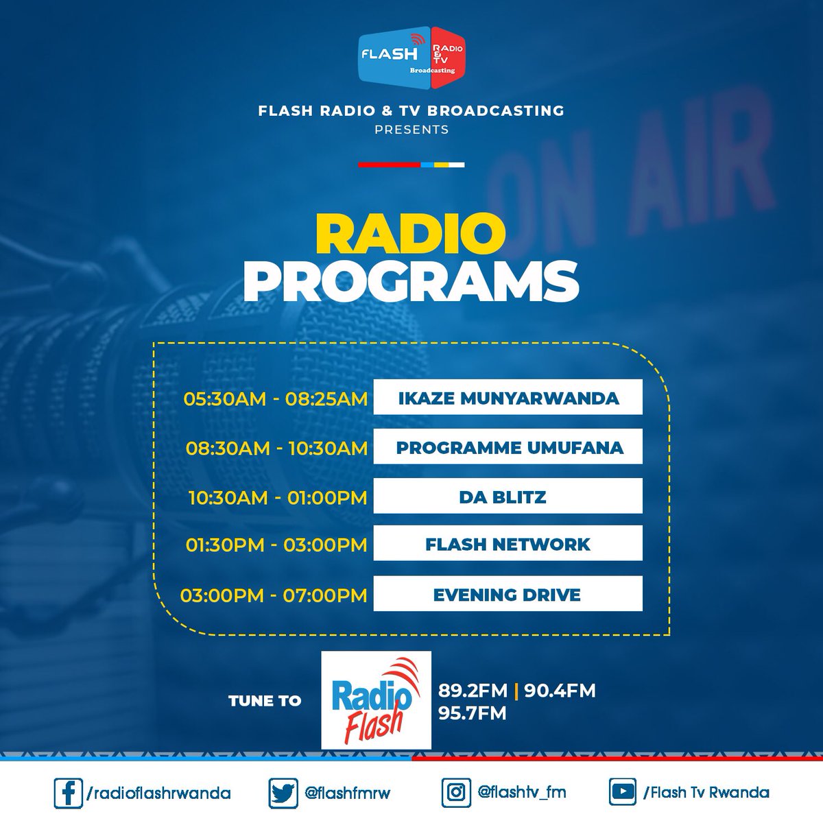 flashfmrw's tweet photo. Which is your favorite program on flash fm? Answer with a number.
1. #IkazeMunyarwanda
2. #ProgrammeUmufana
3. #DaBlitz
4. #FlashNetwork
5. #EveningDrive https://t.co/I4ZawbaEbr