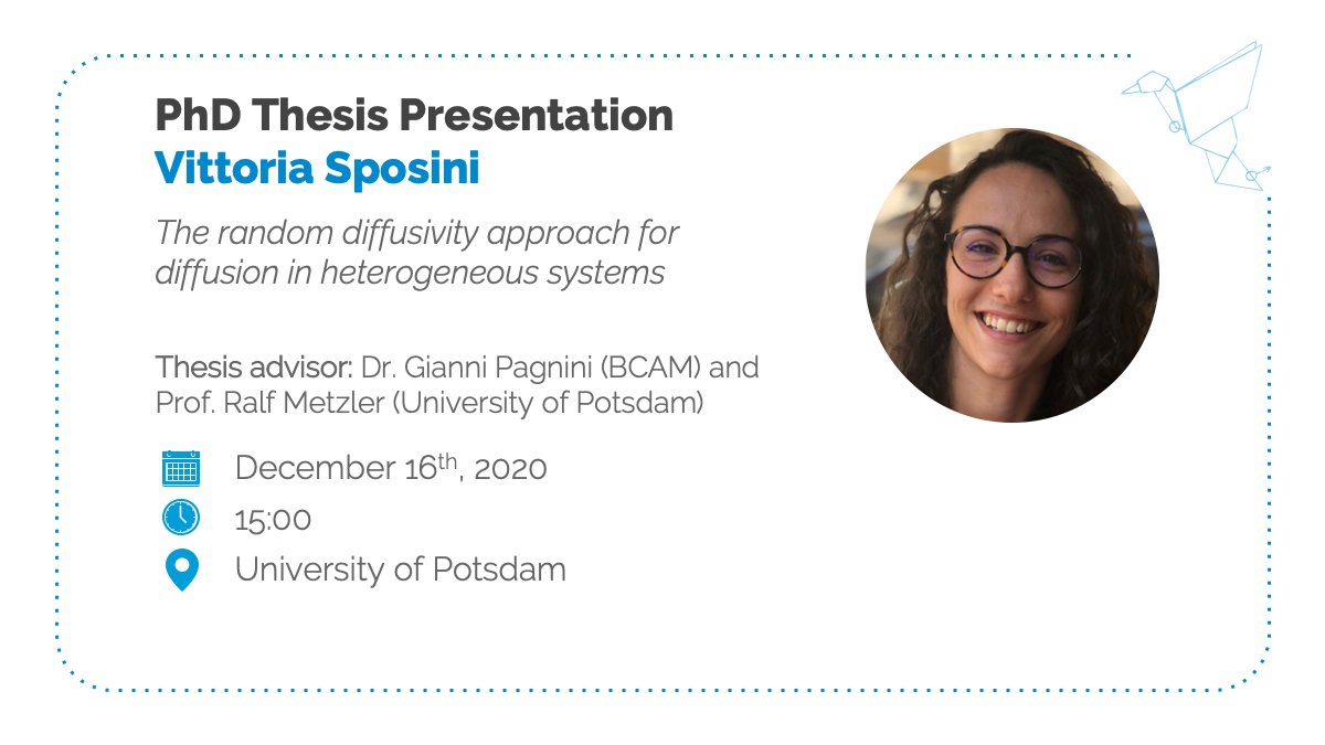 BCAMBilbao's tweet photo. We are glad to announce that Vittoria Sposini (@VSposini) will defend her thesis tomorrow. She has been working between BCAM and University of Potsdam (@unipotsdam) during her PhD research. We'd like to wish her the best of luck! 😊

ℹ️ https://t.co/58aOjJmULD https://t.co/X96AhUTJZ1