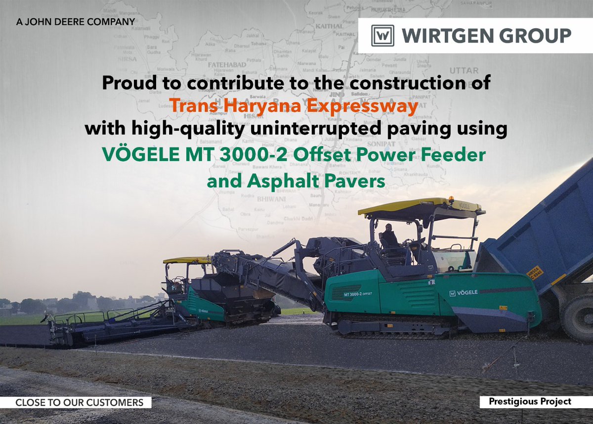 Wirtgen_India's tweet photo. Prestigious Projects
The WIRTGEN GROUP is proud to contribute to the construction of the Trans Haryana Expressway with high-quality uninterrupted paving using Vögele MT 3000-2 Offset Power Feeder and Asphalt Pavers.
#GreenfieldProject #IndianExpressway #CloseToOurCustomers https://t.co/jfbUV7HLHT