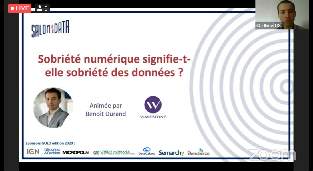 #SalonData2020
La conférence Wavestone animée par Benoît Durand vient de démarrer ! Pour se questionner autour du sujet de la sobriété numérique, venez assister à la conférence via le lien : app.imagina.io/app/module/156…