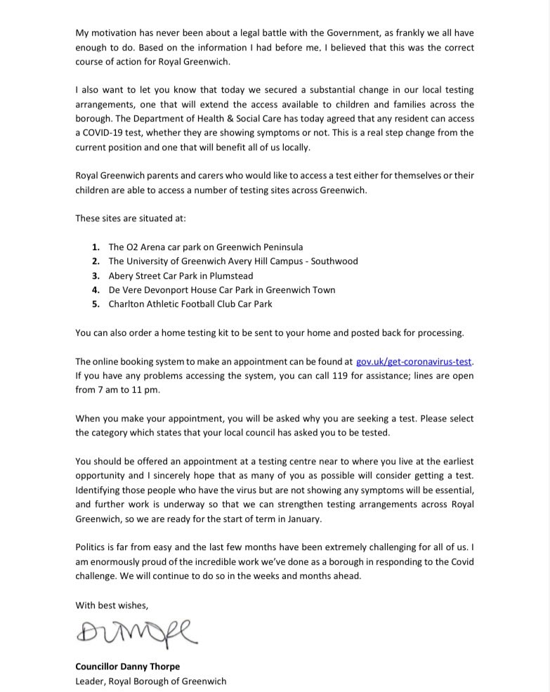 Dan Thorpe (@danlthorpe) on Twitter photo Following the Governmentโs legal direction, here is an open letter to families in #greenwich. My main priority has always been children & families across <a href="/Royal_Greenwich/">Royal Borough of Greenwich</a> not a courtroom battle with the Government, and I acted based on data that shows rising cases of #covid19 Following the Governmentโs legal direction, here is an open letter to families in #greenwich. My main priority has always been children & families across <a href="/Royal_Greenwich/">Royal Borough of Greenwich</a> not a courtroom battle with the Government, and I acted based on data that shows rising cases of #covid19