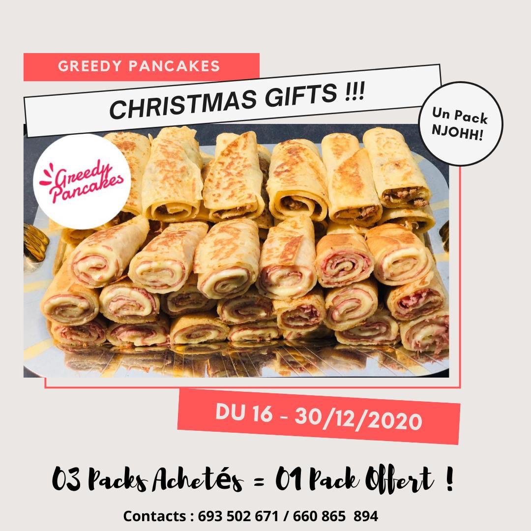 GreedyPancakes's tweet photo. CHRISTMAS GIFTS 🎄

Du 16 au 30 Décembre 2020, c’est la foliiie chez @GreedyPancakes 😍🎉.

Achète 03 packs et obtiens 01 pack njooohhh 🎁!

Contactez nous pour bénéficier de la promotion au: 693502671/660865894 #crêpes #RTappréciés https://t.co/TSya35EE5y